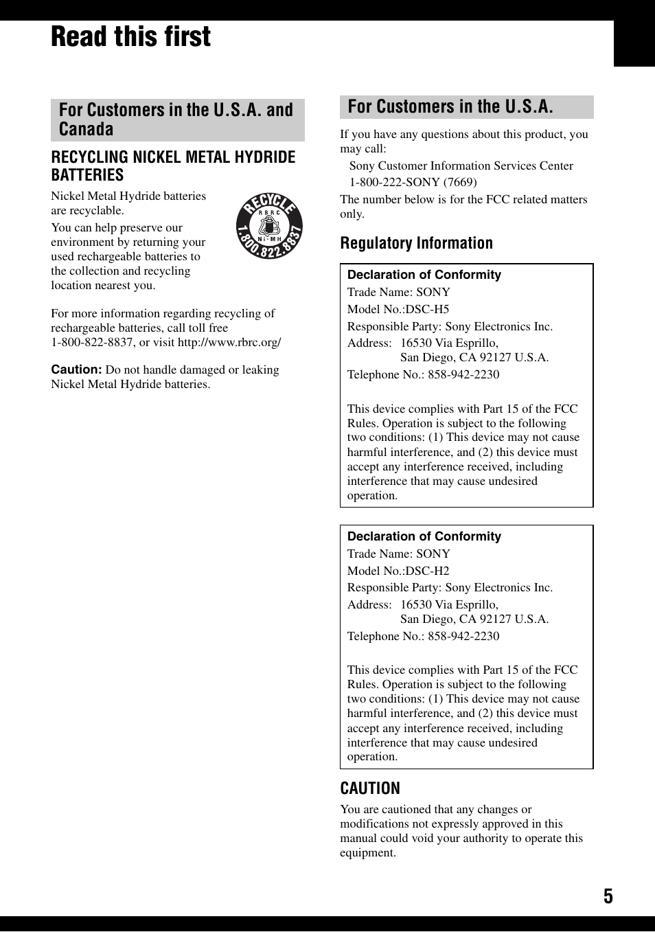 Read this first | Sony DSC-H2 User Manual | Page 5 / 123