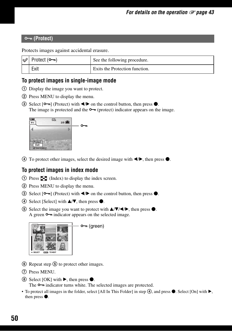 Protect), For details on the operation, Page 43 | Sony DSC-H2 User Manual | Page 50 / 123