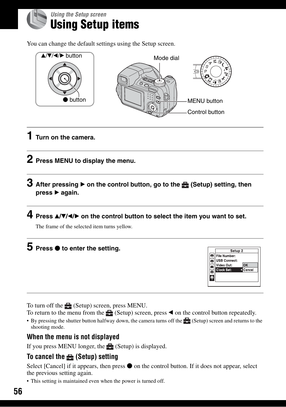 Using the setup screen, Using setup items, Ings | Sony DSC-H2 User Manual | Page 56 / 123