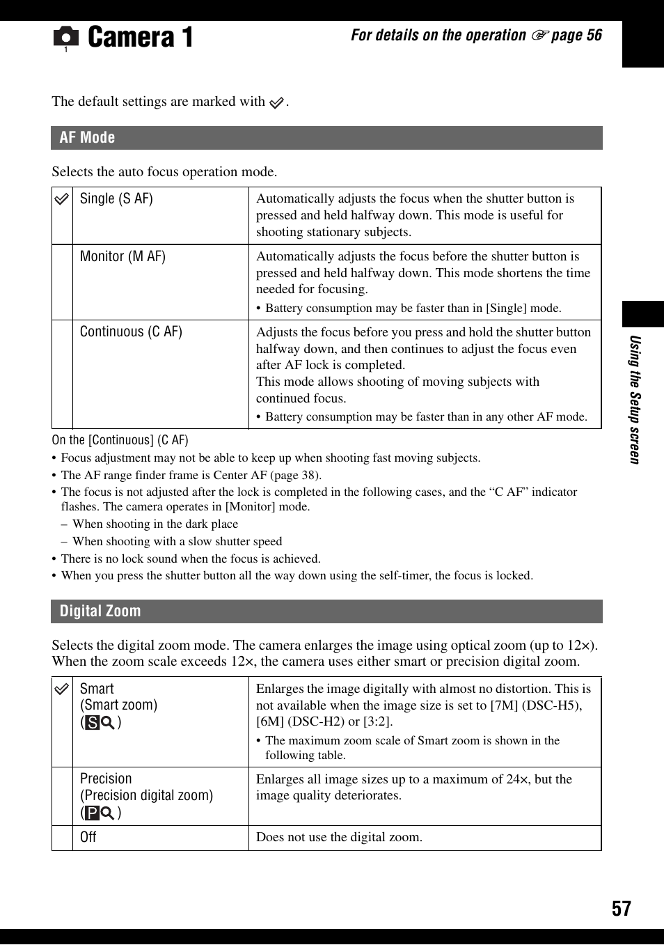 Camera 1, Af mode digital zoom, G (57 | Sony DSC-H2 User Manual | Page 57 / 123