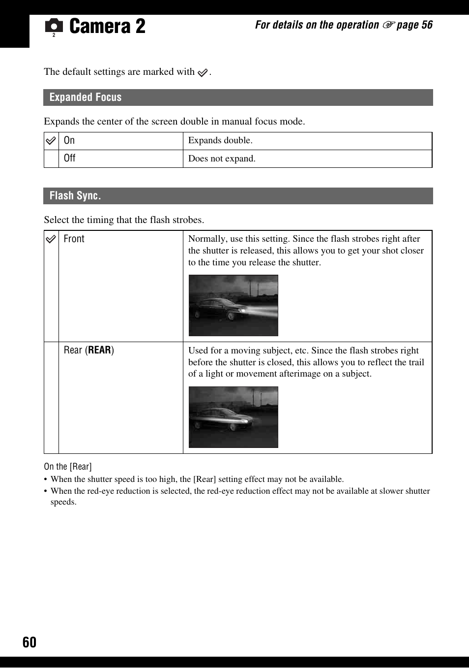 Camera 2, Expanded focus flash sync, O (60) | Sony DSC-H2 User Manual | Page 60 / 123