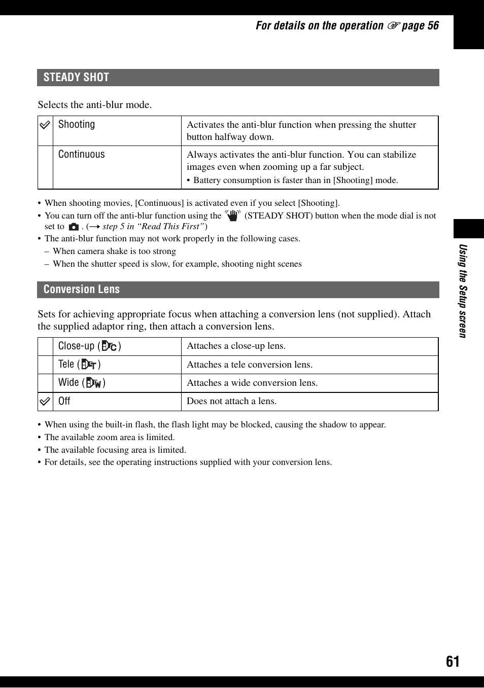 Steady shot conversion lens | Sony DSC-H2 User Manual | Page 61 / 123