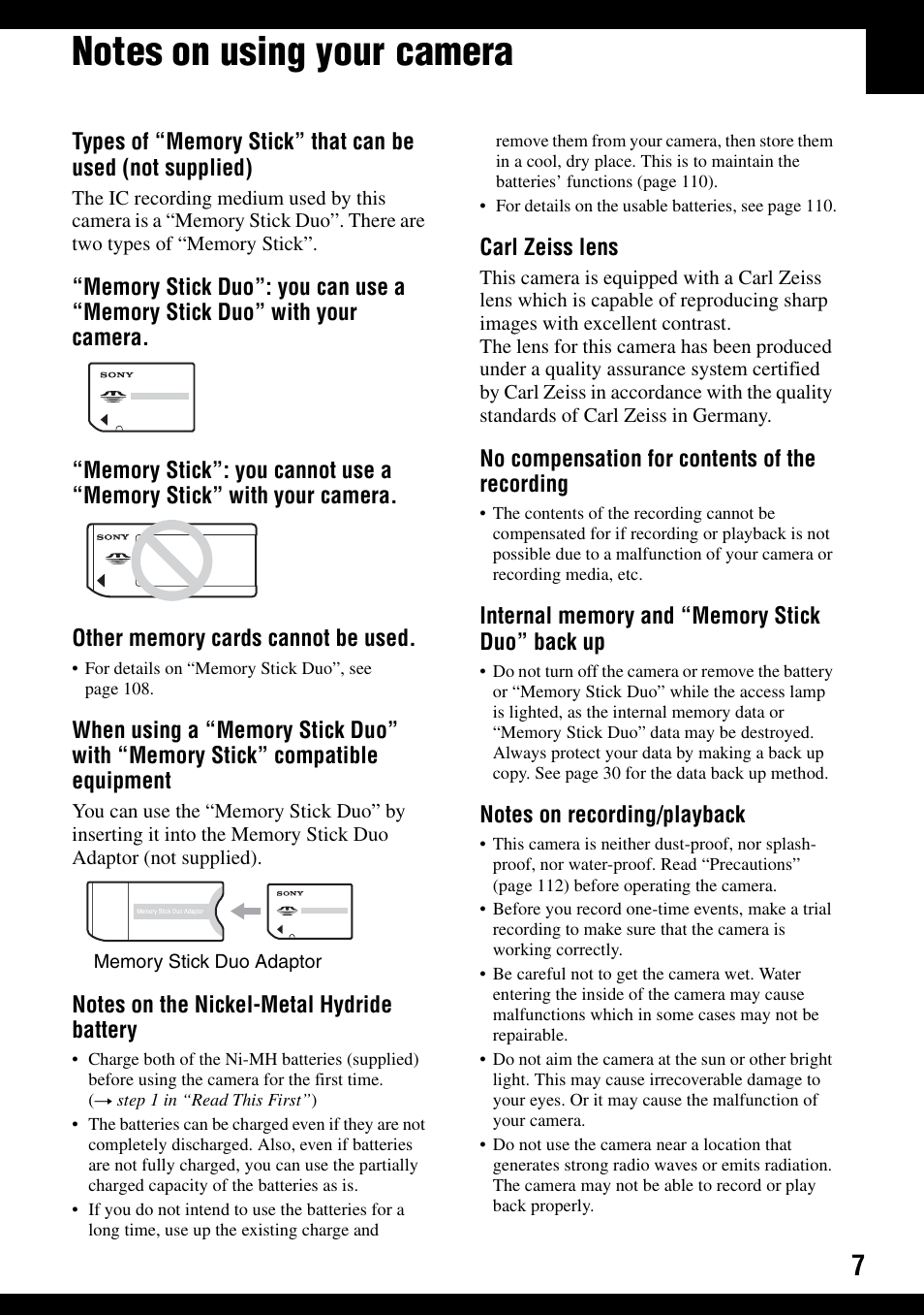 Notes on using your camera | Sony DSC-H2 User Manual | Page 7 / 123