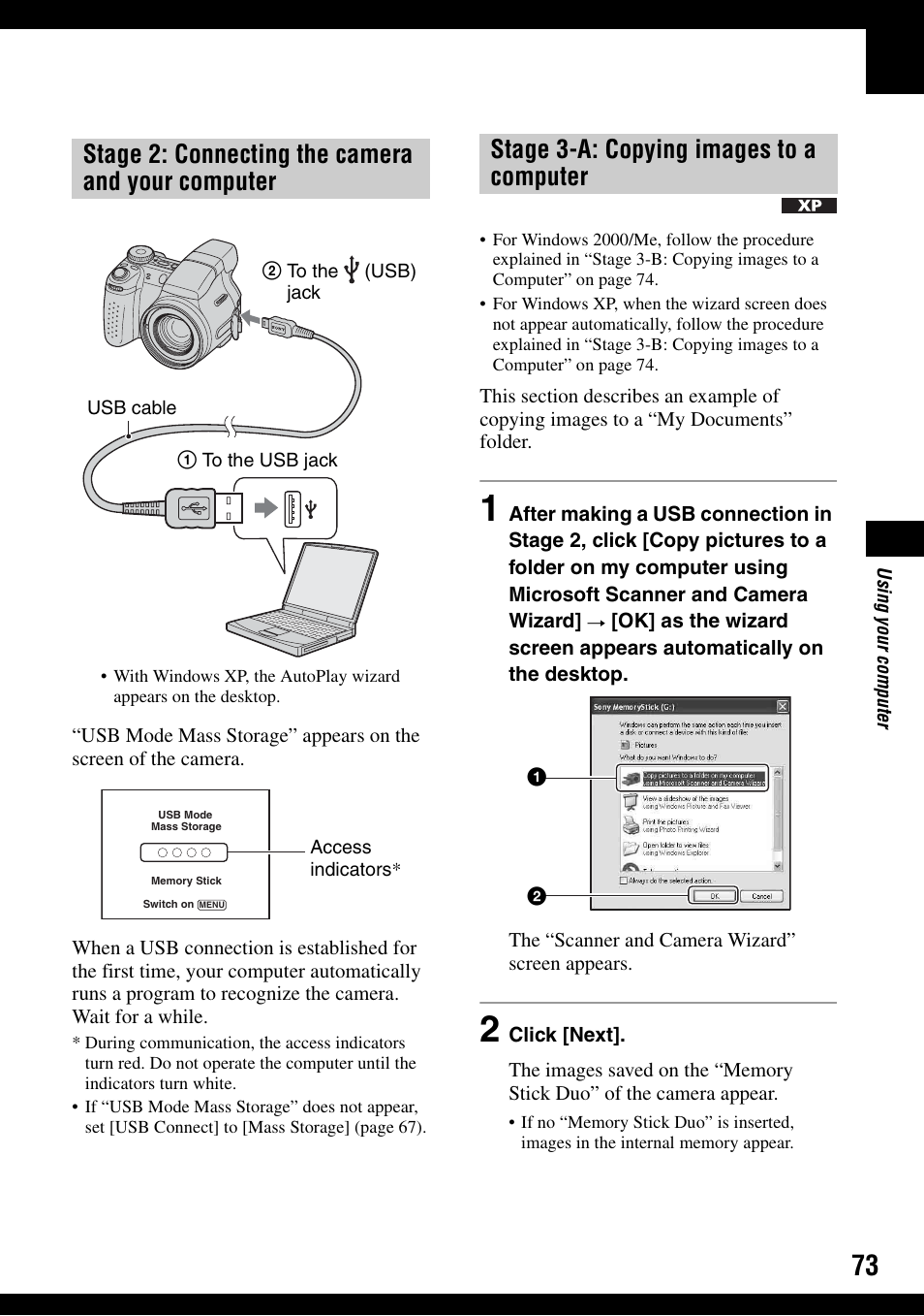 Stage 2: connecting the camera and your computer, Stage 3-a: copying images to a computer | Sony DSC-H2 User Manual | Page 73 / 123