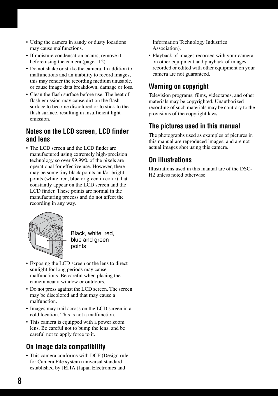 On image data compatibility, Warning on copyright, The pictures used in this manual | On illustrations | Sony DSC-H2 User Manual | Page 8 / 123