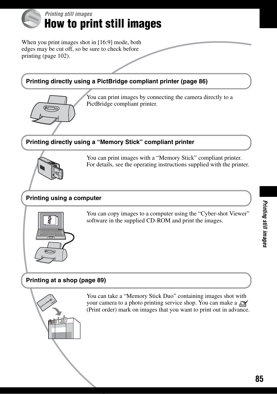 Printing still images, How to print still images | Sony DSC-H2 User Manual | Page 85 / 123