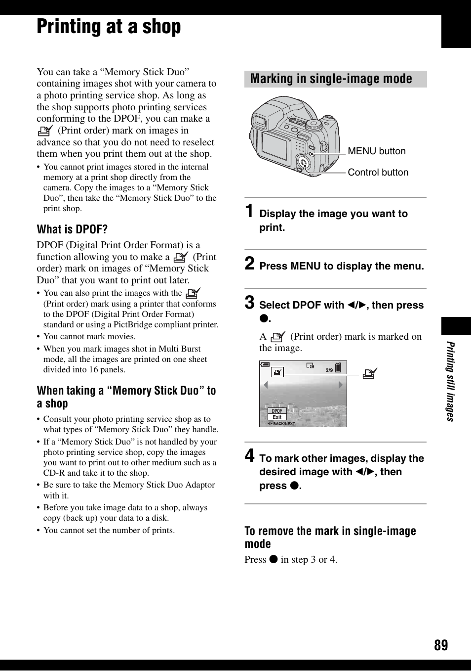 Printing at a shop, Marking in single-image mode | Sony DSC-H2 User Manual | Page 89 / 123