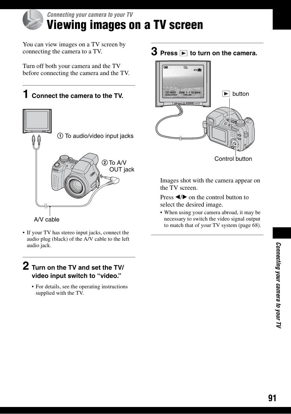 Connecting your camera to your tv, Viewing images on a tv screen, Jack (91) | Sony DSC-H2 User Manual | Page 91 / 123