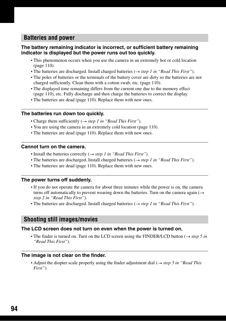 Batteries and power shooting still images/movies | Sony DSC-H2 User Manual | Page 94 / 123