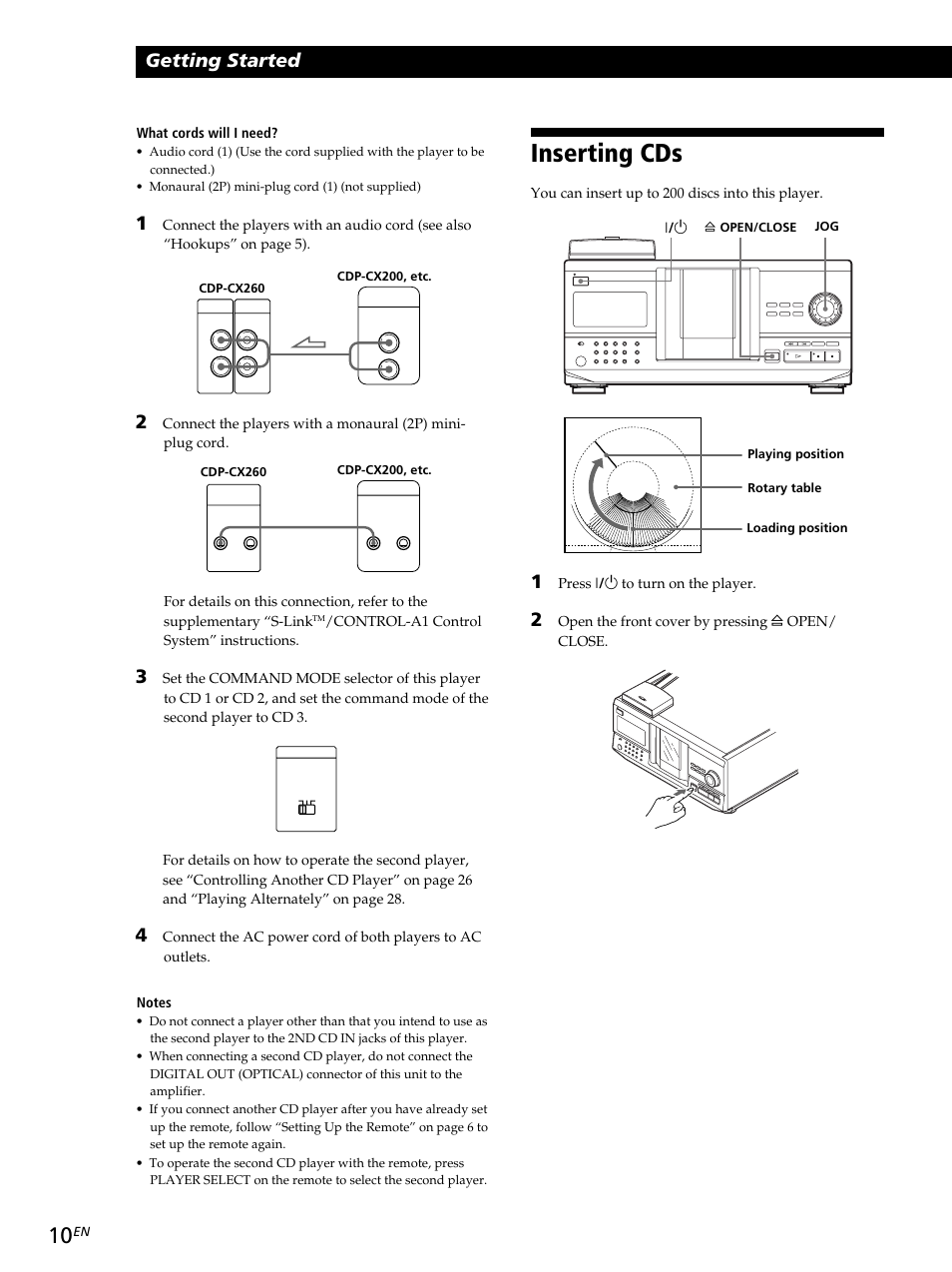 Inserting cds, Getting started | Sony CDP-CX260 User Manual | Page 10 / 120