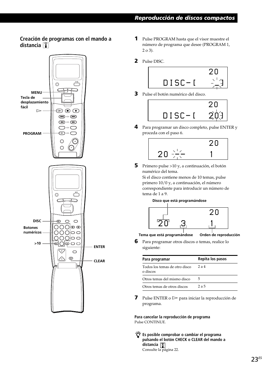 D i s c, Creación de programas con el mando a distancia z | Sony CDP-CX260 User Manual | Page 103 / 120