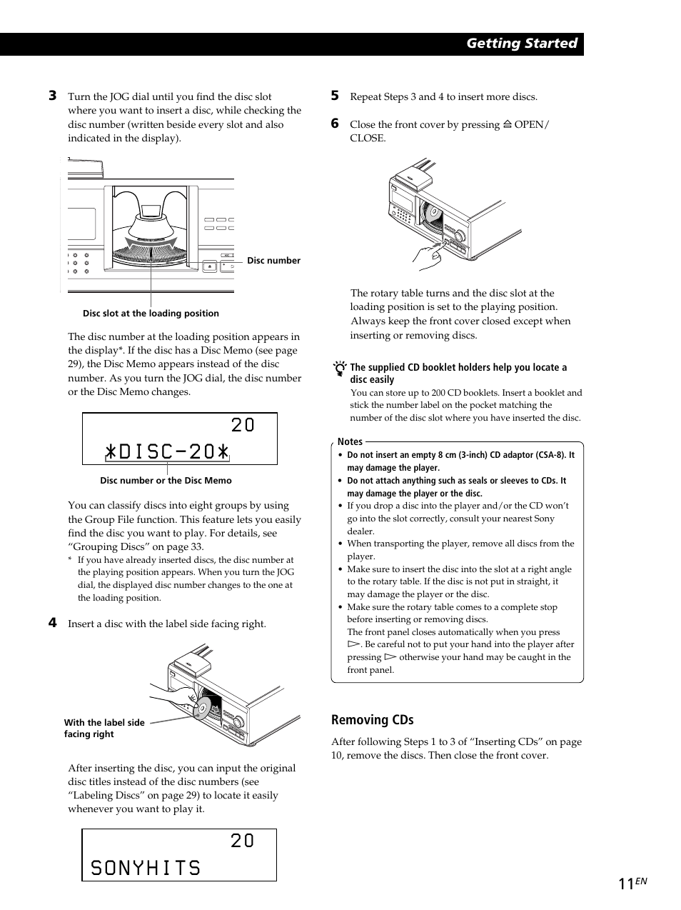 Playing cds getting started getting started, Removing cds | Sony CDP-CX260 User Manual | Page 11 / 120