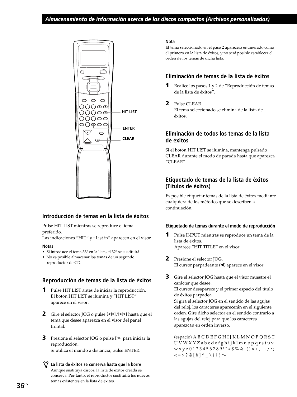 Eliminación de temas de la lista de éxitos 1, Introducción de temas en la lista de éxitos, Reproducción de temas de la lista de éxitos 1 | Nota | Sony CDP-CX260 User Manual | Page 116 / 120