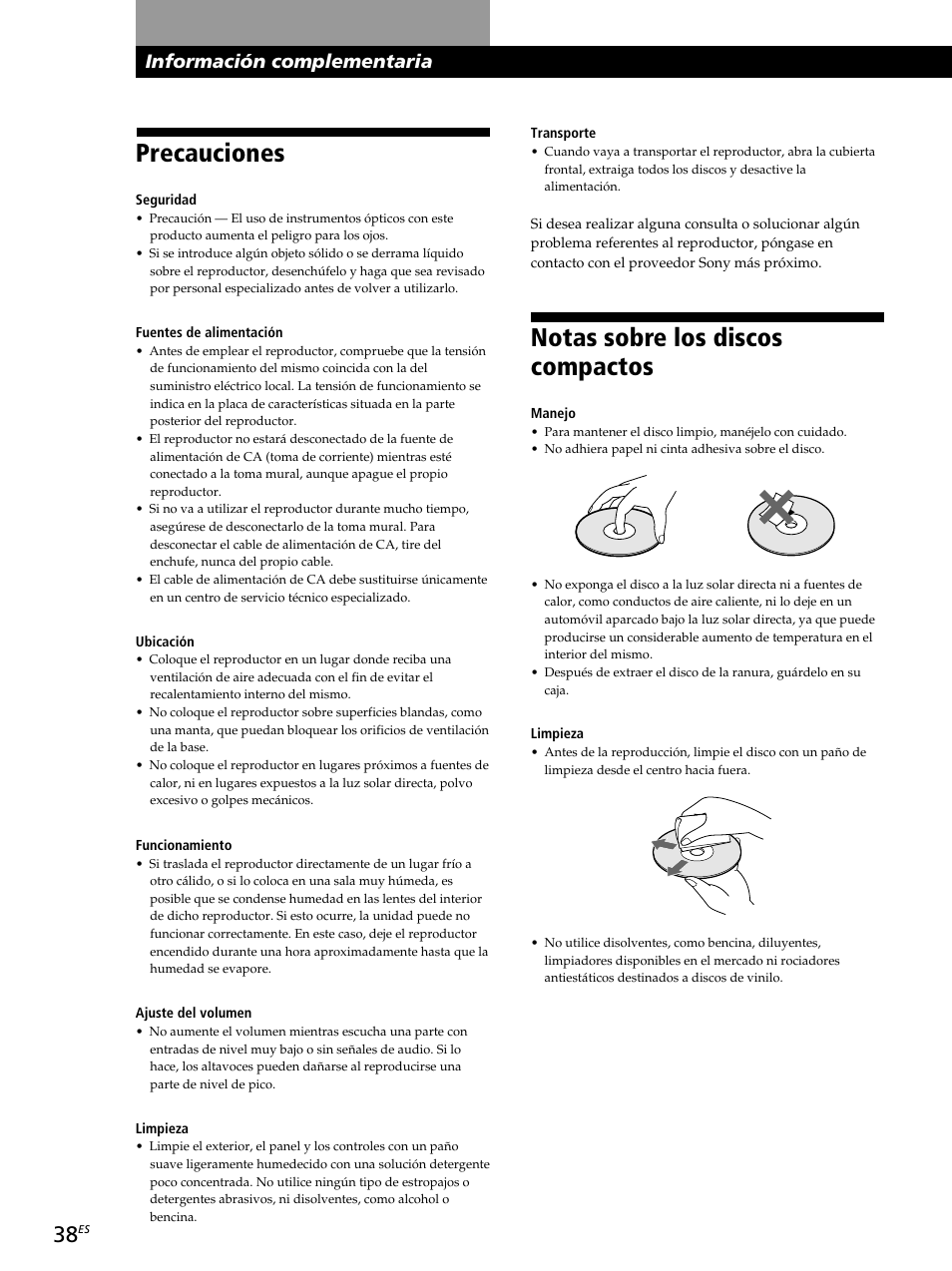 Notas sobre los discos compactos, Precauciones, Información complementaria | Sony CDP-CX260 User Manual | Page 118 / 120