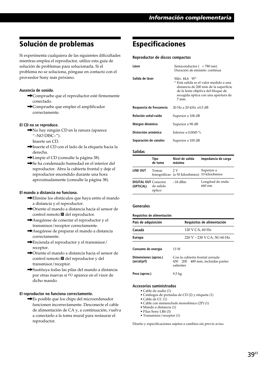 Especificaciones, Solución de problemas, Información complementaria | Sony CDP-CX260 User Manual | Page 119 / 120