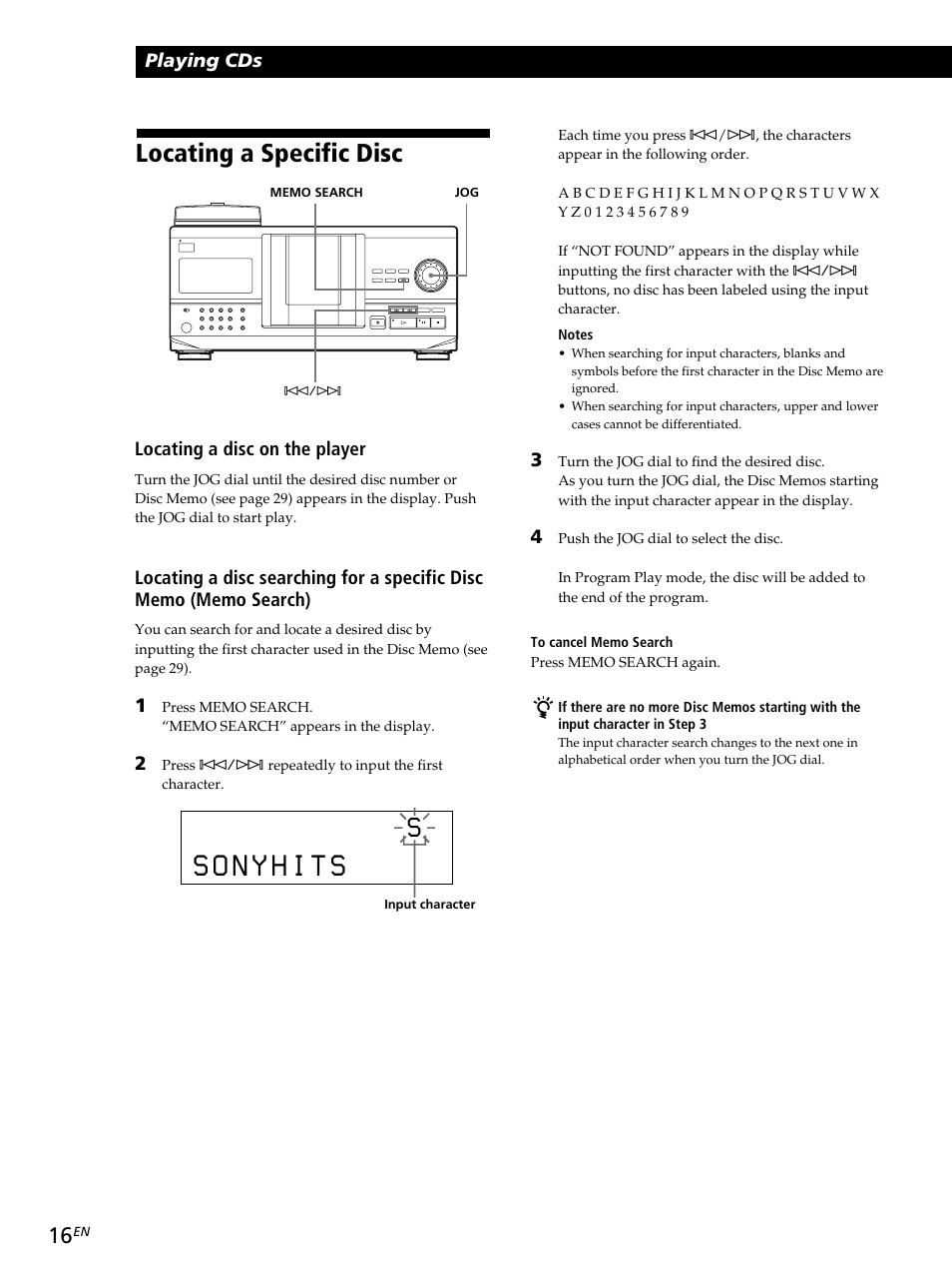 Locating a specific disc, Playing cds, Locating a disc on the player | Sony CDP-CX260 User Manual | Page 16 / 120