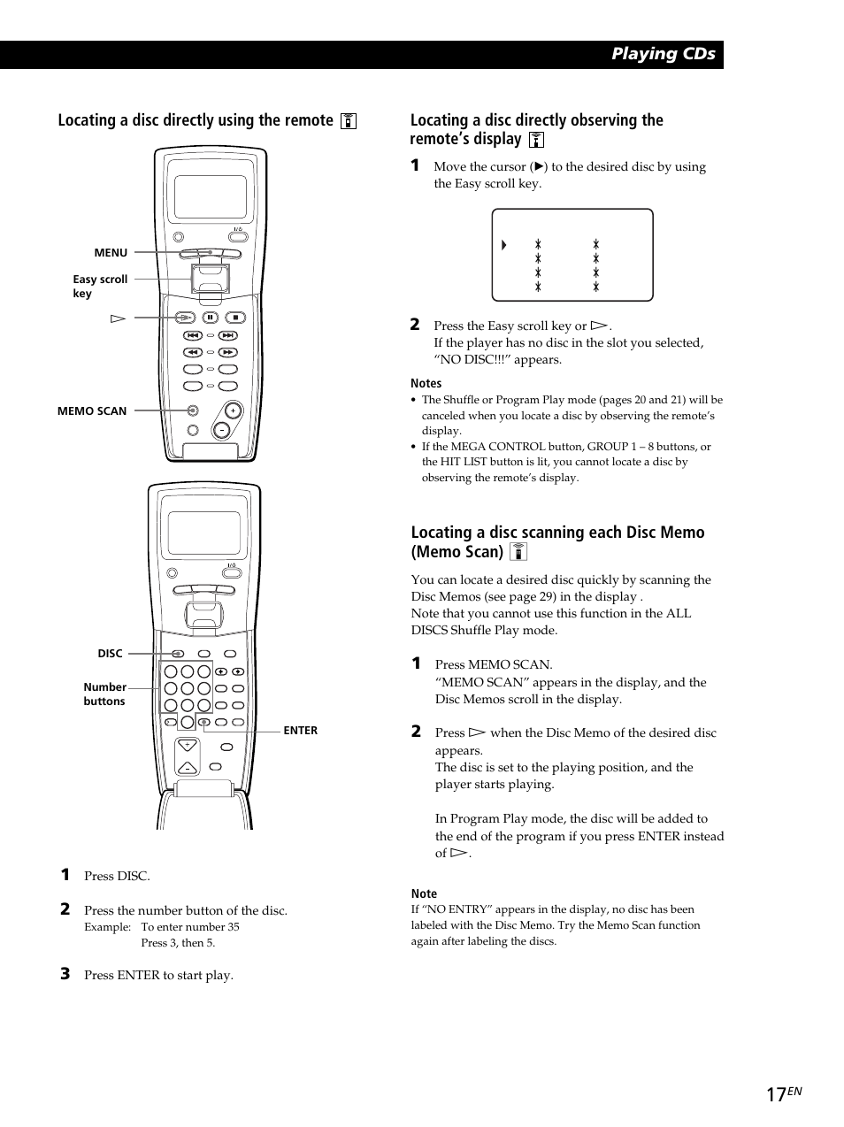 Locating a disc directly using the remote 1, Press disc, Press the number button of the disc | Press enter to start play | Sony CDP-CX260 User Manual | Page 17 / 120