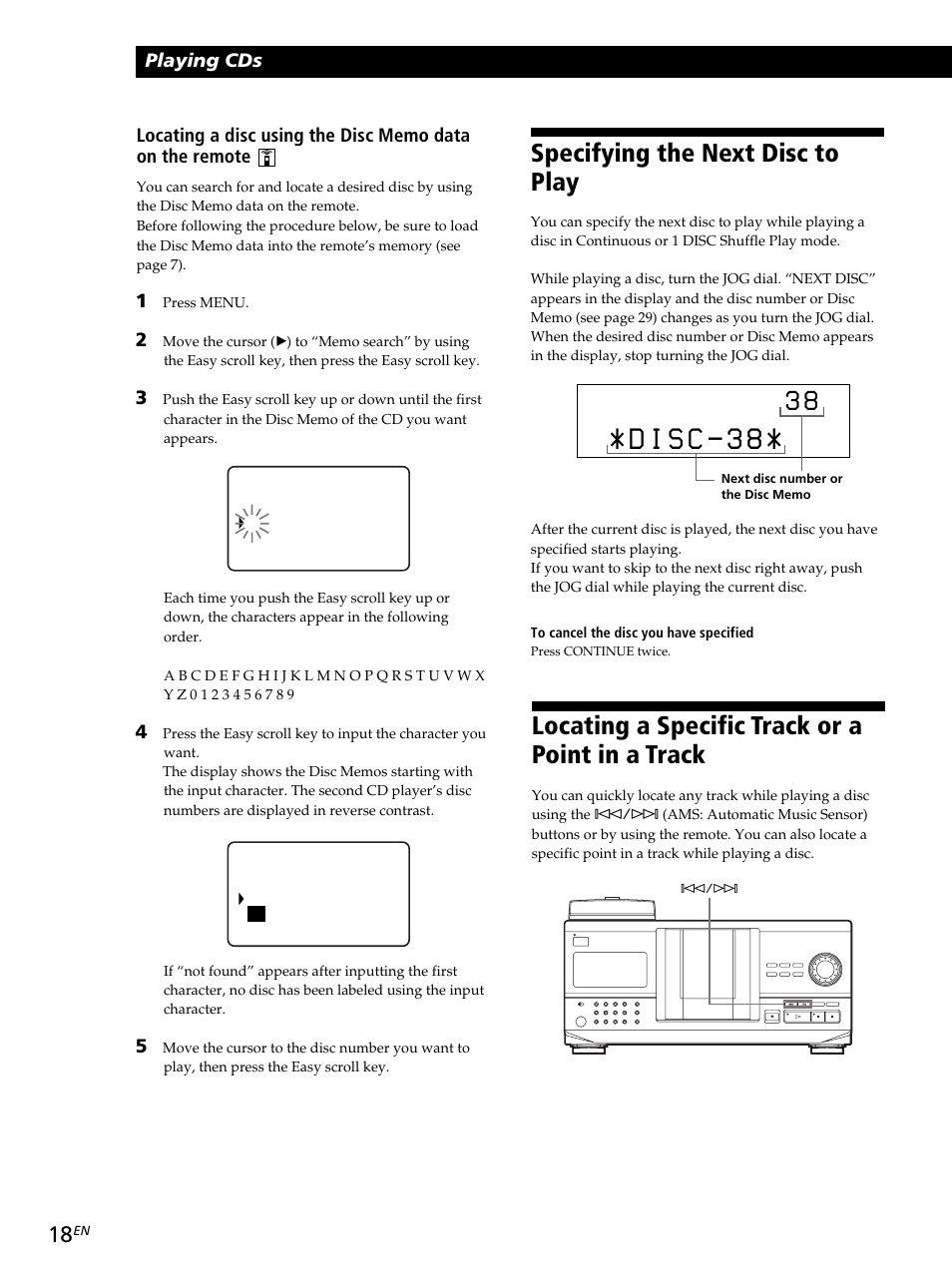 Locating a specific track or a point in a track, Specifying the next disc to play, Playing cds | Sony CDP-CX260 User Manual | Page 18 / 120