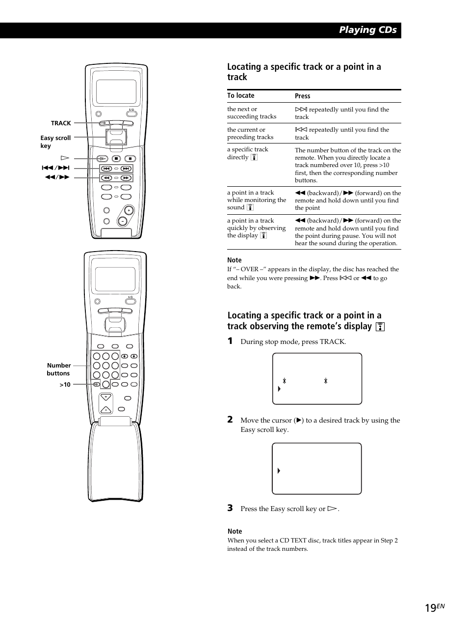 Locating a specific track or a point in a track, During stop mode, press track, Press | Sony CDP-CX260 User Manual | Page 19 / 120