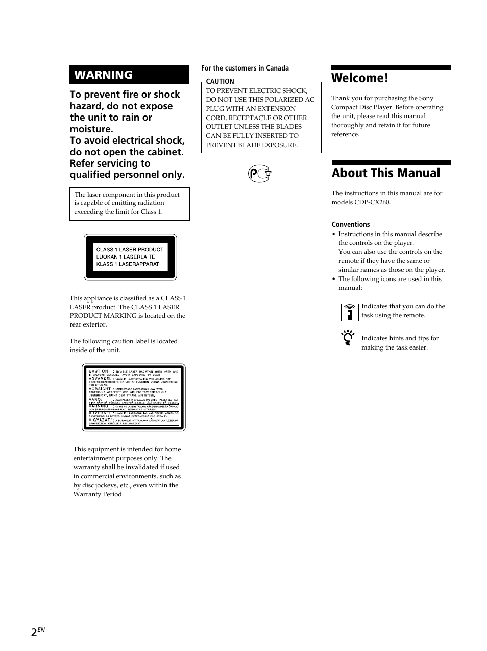 Welcome, About this manual, Warning | Sony CDP-CX260 User Manual | Page 2 / 120