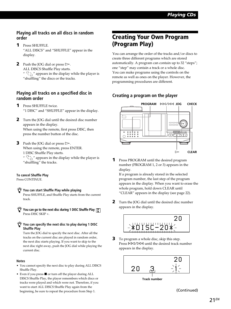 Creating your own program (program play), Creating a program on the player 1, Playing all tracks on all discs in random order 1 | Sony CDP-CX260 User Manual | Page 21 / 120