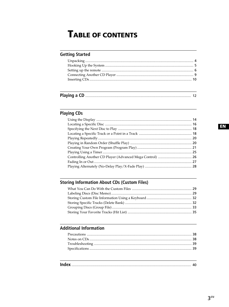 Able of contents | Sony CDP-CX260 User Manual | Page 3 / 120