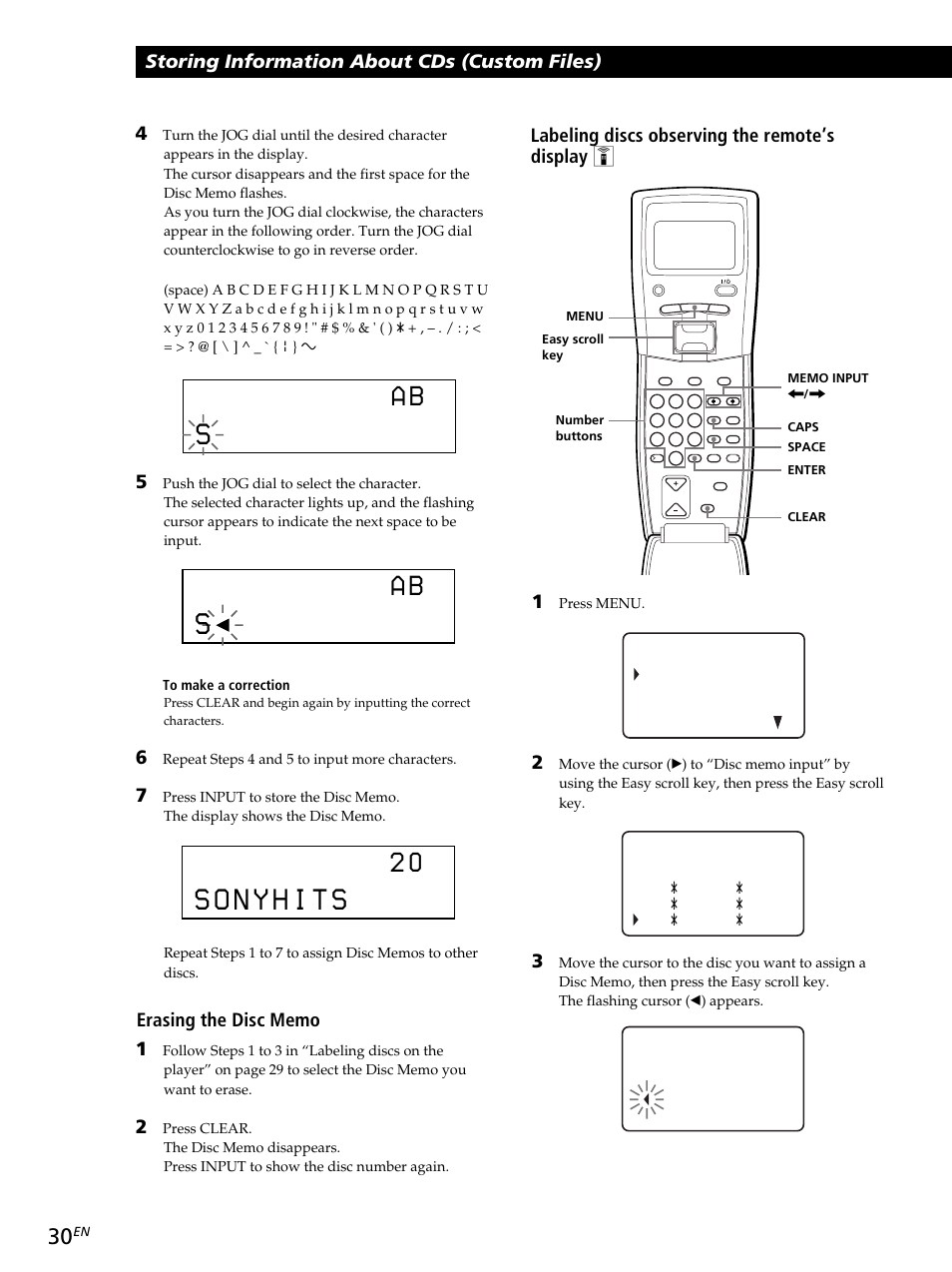 Storing information about cds (custom files), Labeling discs observing the remote’s display z 1 | Sony CDP-CX260 User Manual | Page 30 / 120