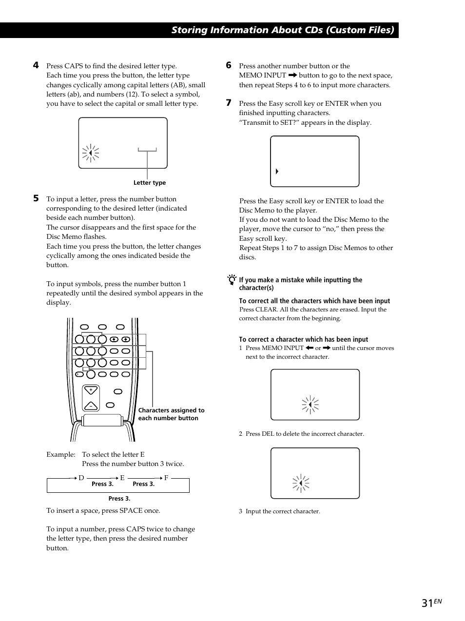 Storing information about cds (custom files) | Sony CDP-CX260 User Manual | Page 31 / 120