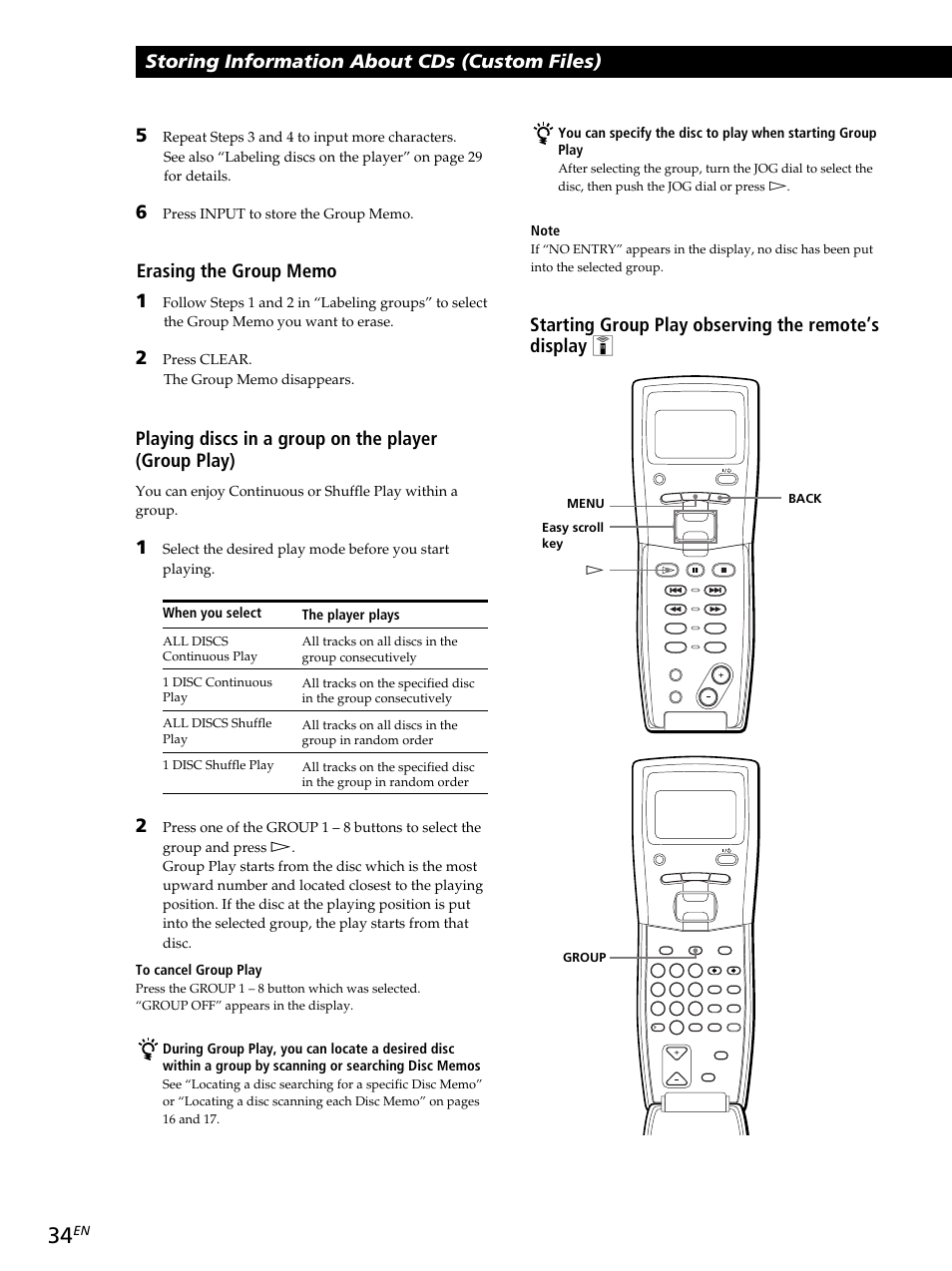 Storing information about cds (custom files), The player plays | Sony CDP-CX260 User Manual | Page 34 / 120