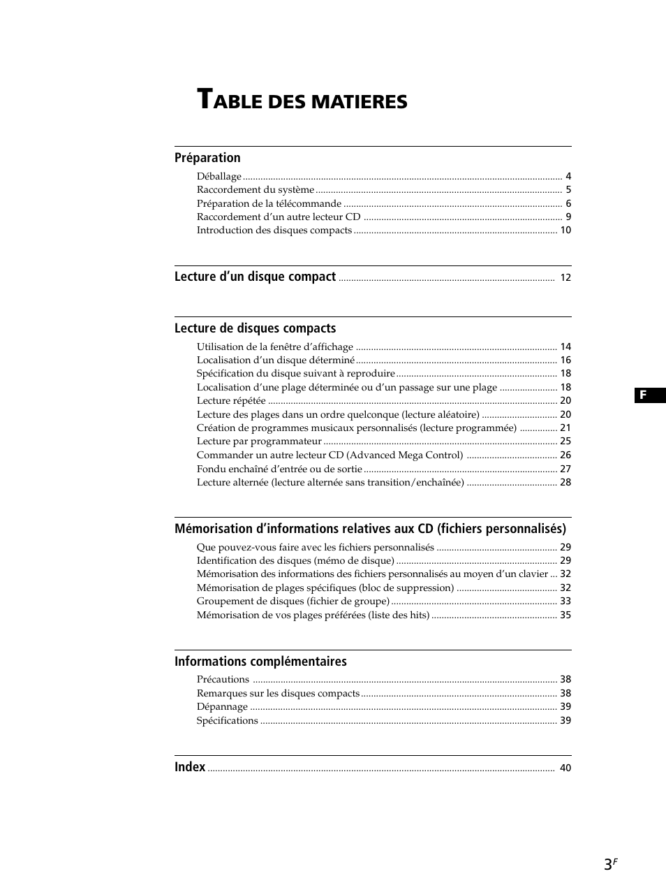 Able des matieres | Sony CDP-CX260 User Manual | Page 43 / 120