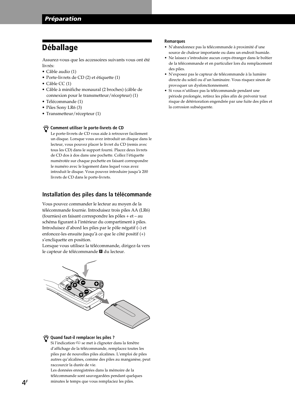 Déballage, Préparation, Installation des piles dans la télécommande | Sony CDP-CX260 User Manual | Page 44 / 120