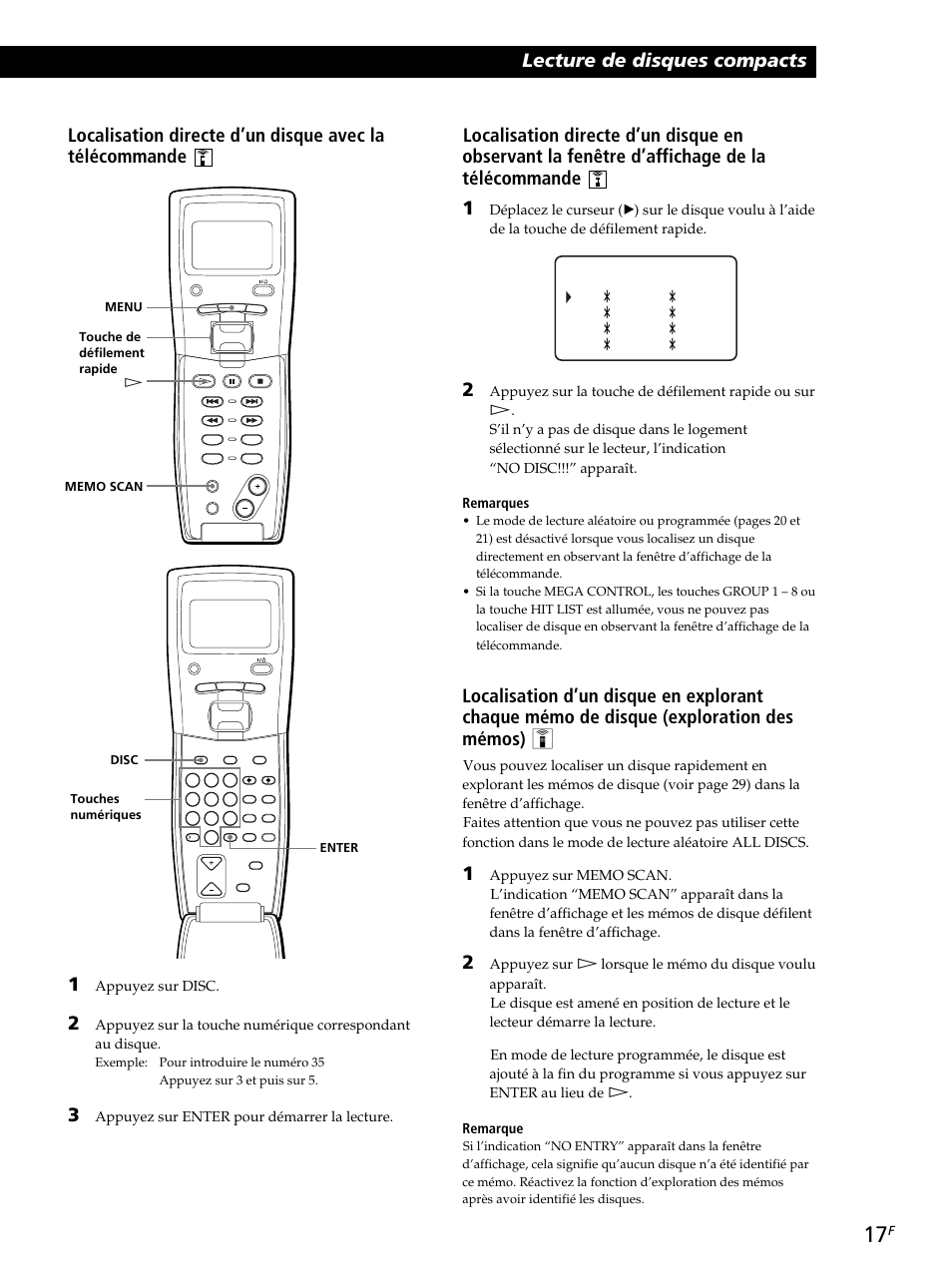 Appuyez sur disc, Appuyez sur enter pour démarrer la lecture | Sony CDP-CX260 User Manual | Page 57 / 120