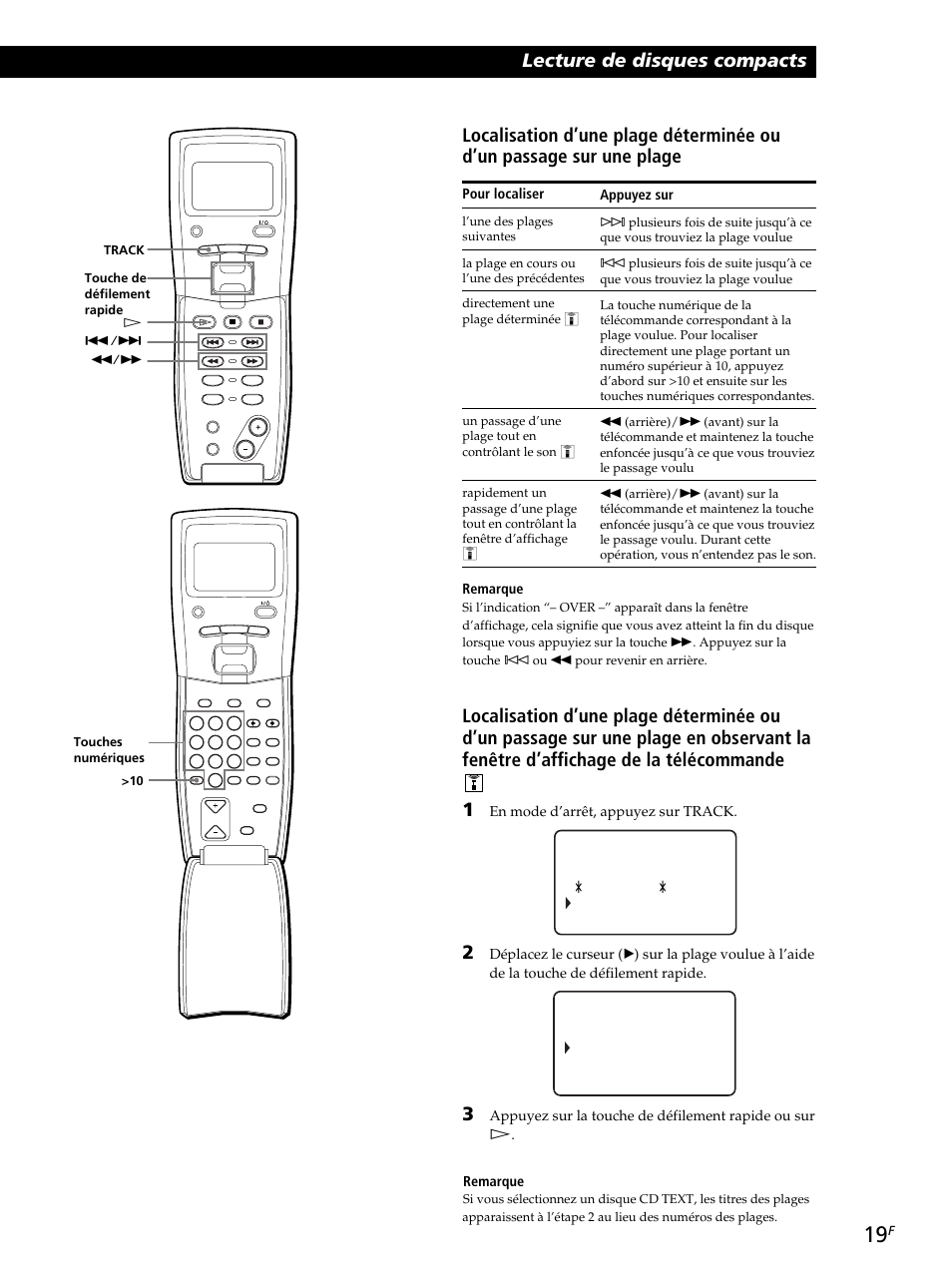 Lecture de disques compacts, Pour localiser, Remarque | En mode d’arrêt, appuyez sur track. appuyez sur | Sony CDP-CX260 User Manual | Page 59 / 120