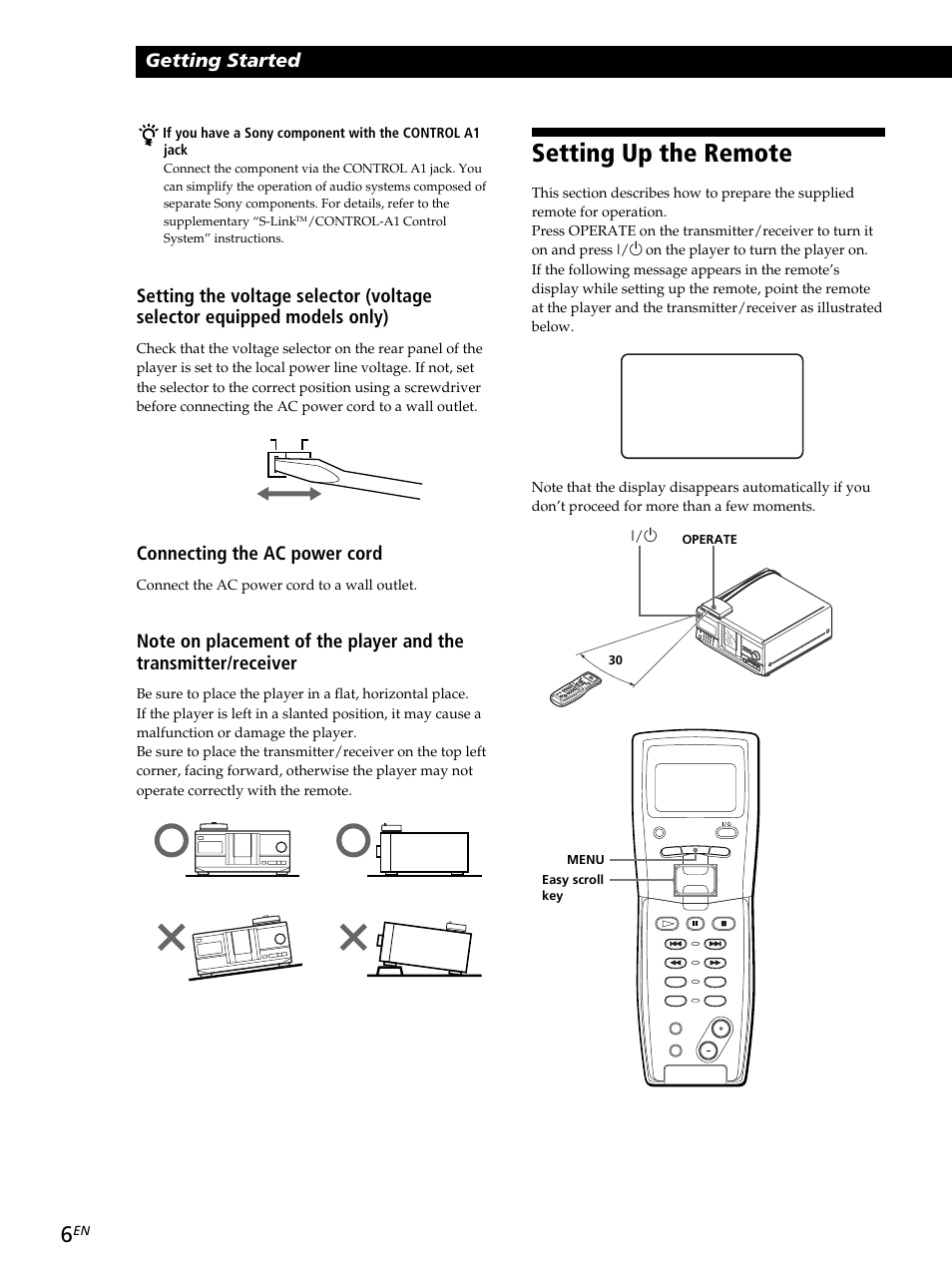 Setting up the remote, Getting started, Connecting the ac power cord | Sony CDP-CX260 User Manual | Page 6 / 120