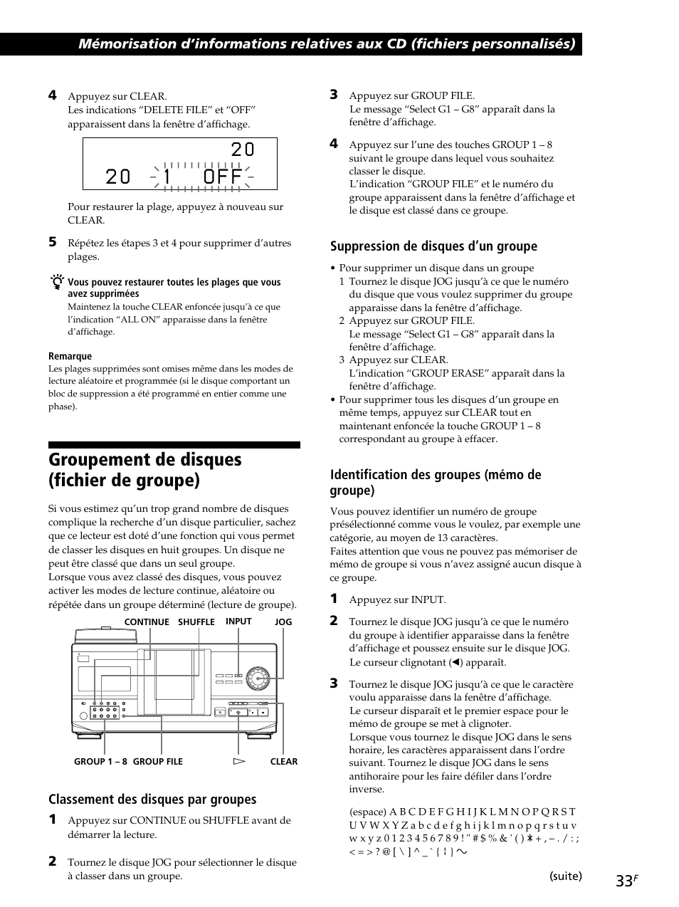 2 0 1 o f f, Groupement de disques (fichier de groupe), Suppression de disques d’un groupe | Identification des groupes (mémo de groupe), Classement des disques par groupes 1 | Sony CDP-CX260 User Manual | Page 73 / 120