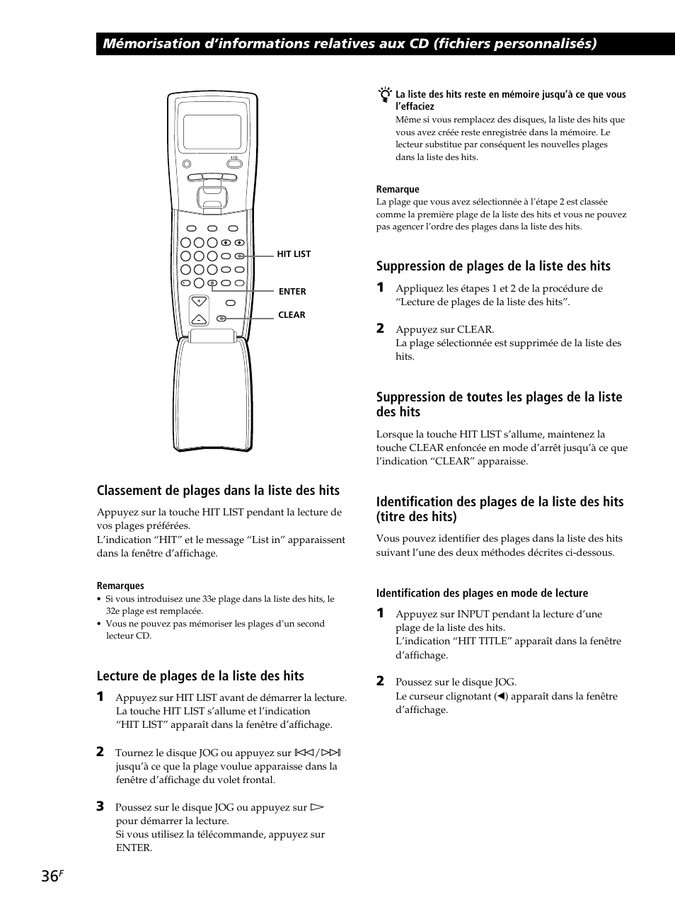 Classement de plages dans la liste des hits, Lecture de plages de la liste des hits 1, Suppression de plages de la liste des hits 1 | Identification des plages en mode de lecture, Remarque | Sony CDP-CX260 User Manual | Page 76 / 120