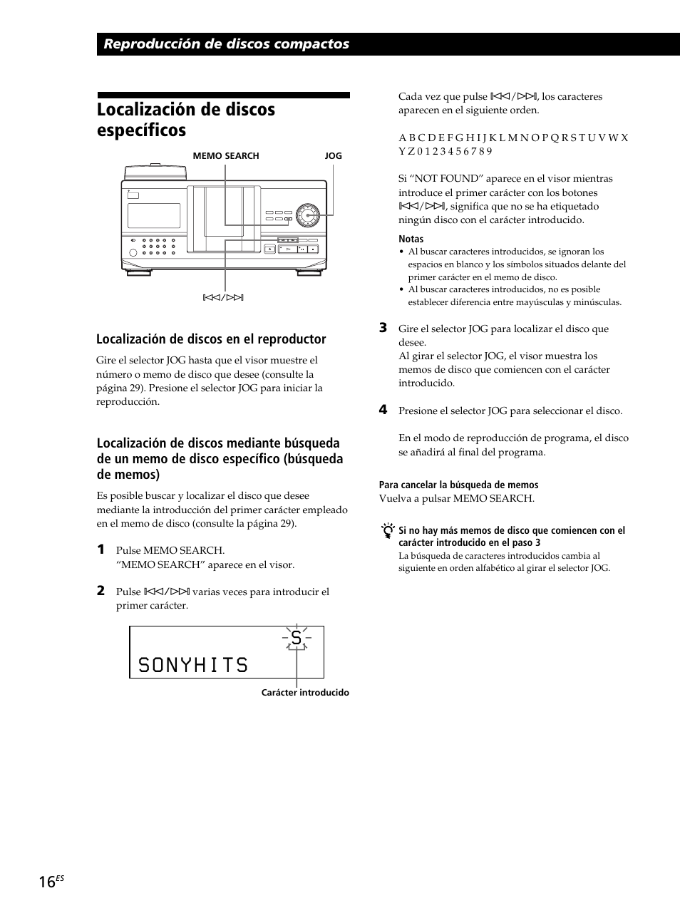 Localización de discos específicos, Reproducción de discos compactos, Localización de discos en el reproductor | Sony CDP-CX260 User Manual | Page 96 / 120