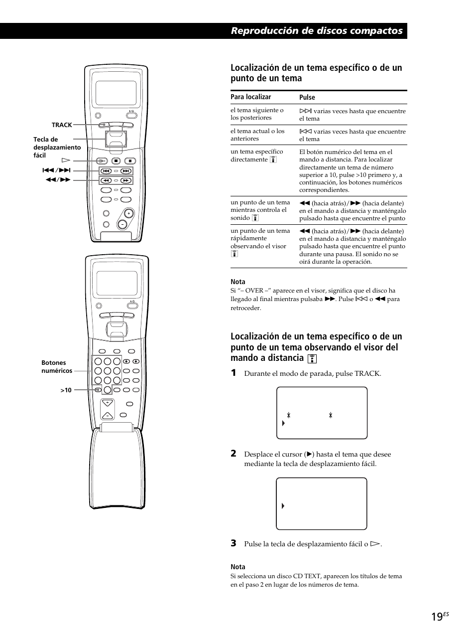 Durante el modo de parada, pulse track, Pulse la tecla de desplazamiento fácil o ·. nota, Para localizar | Nota, Pulse | Sony CDP-CX260 User Manual | Page 99 / 120
