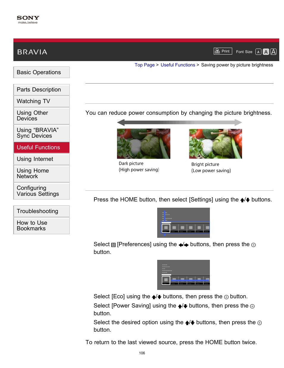 Saving power by picture brightness, Pic off | Sony KDL-55W900A User Manual | Page 105 / 245