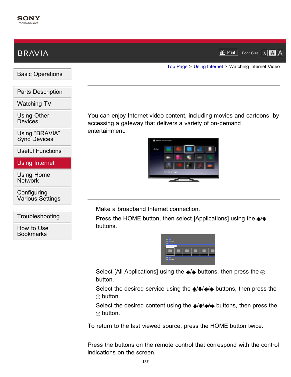 Watching internet video | Sony KDL-55W900A User Manual | Page 135 / 245