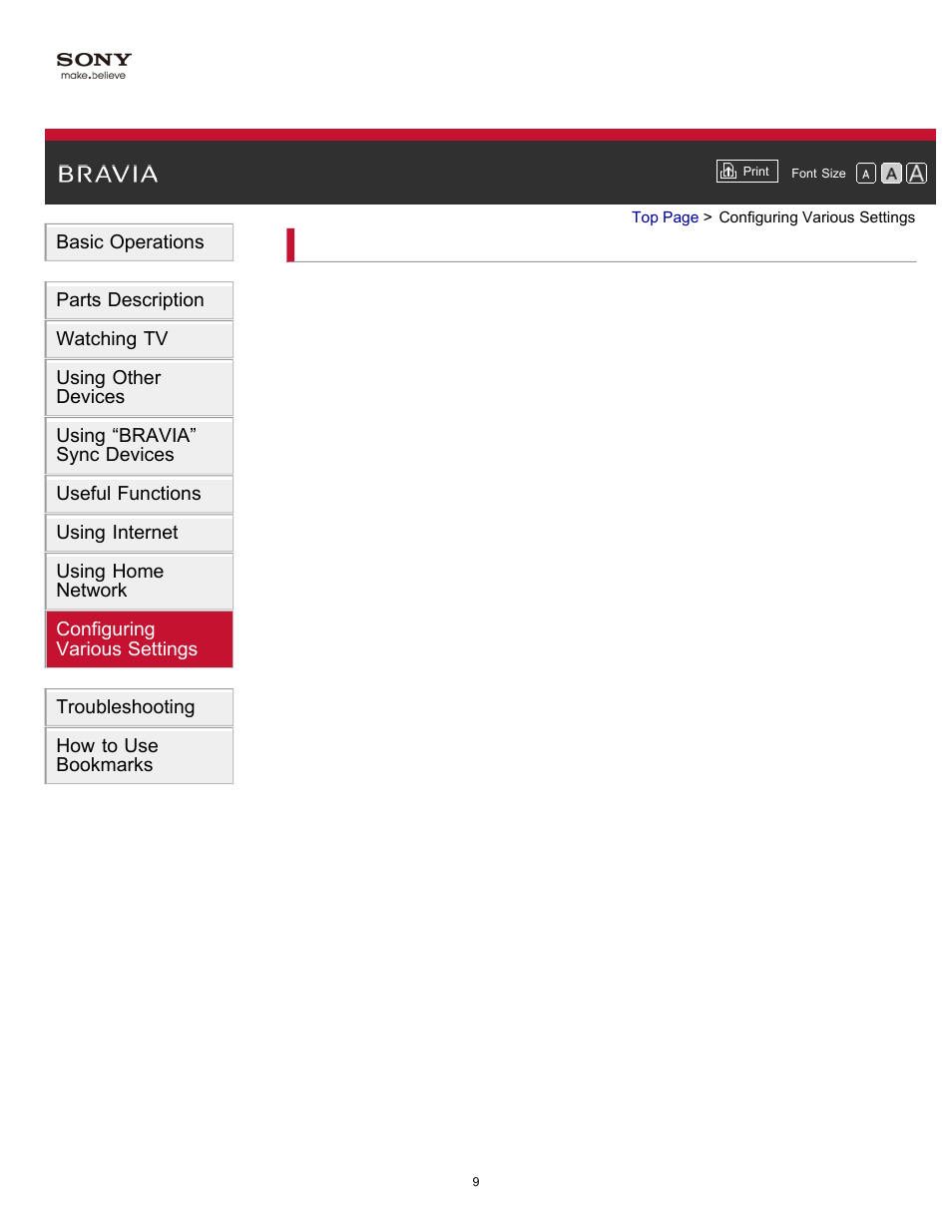 Configuring various settings, Picture/screen settings, Sound settings | Channel settings, Program information & service settings, General settings, Configuring, Various settings | Sony KDL-55W900A User Manual | Page 15 / 245