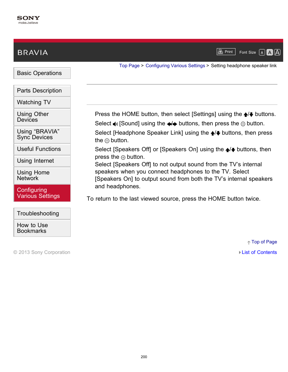 Setting headphone speaker link | Sony KDL-55W900A User Manual | Page 197 / 245