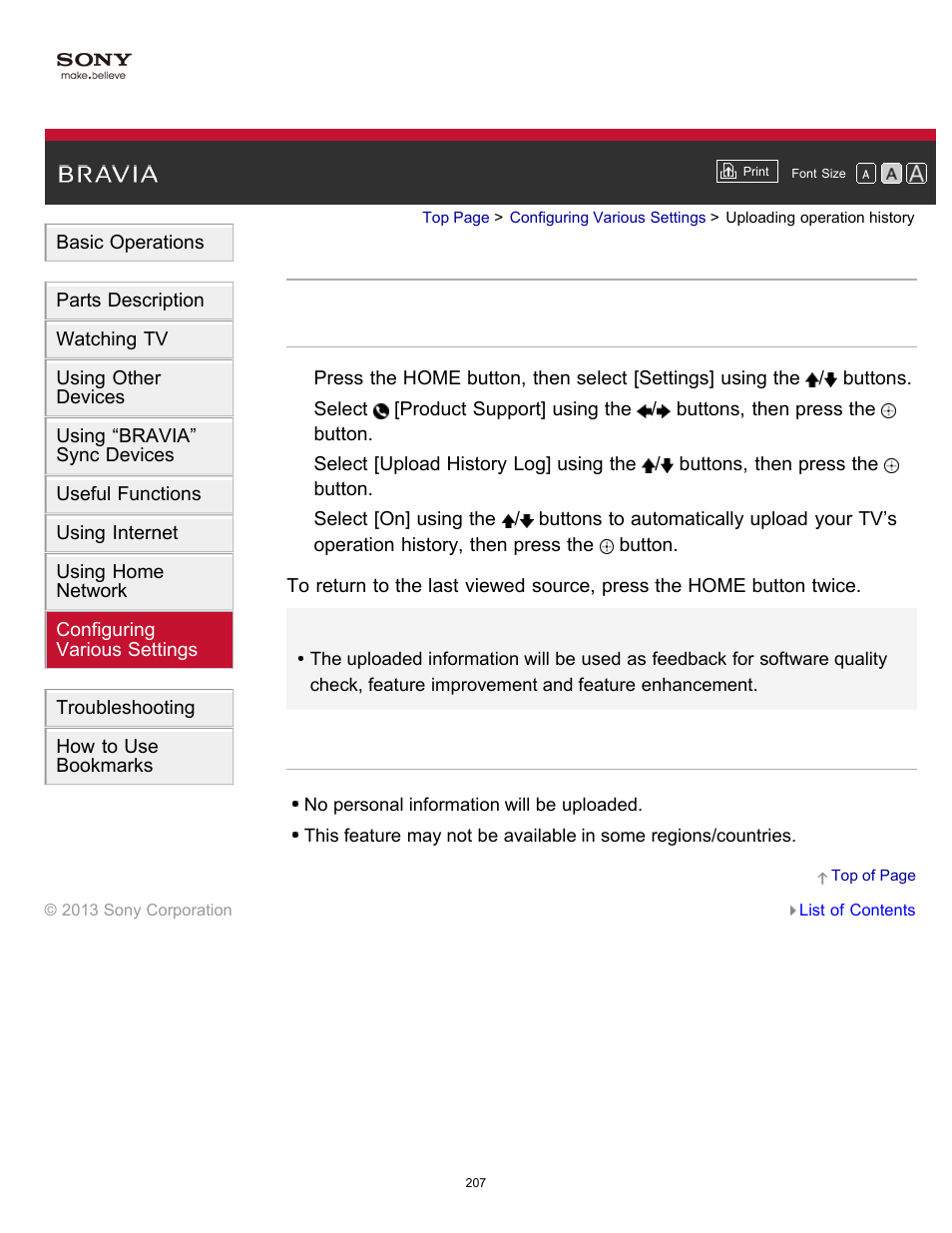 Uploading operation history | Sony KDL-55W900A User Manual | Page 204 / 245