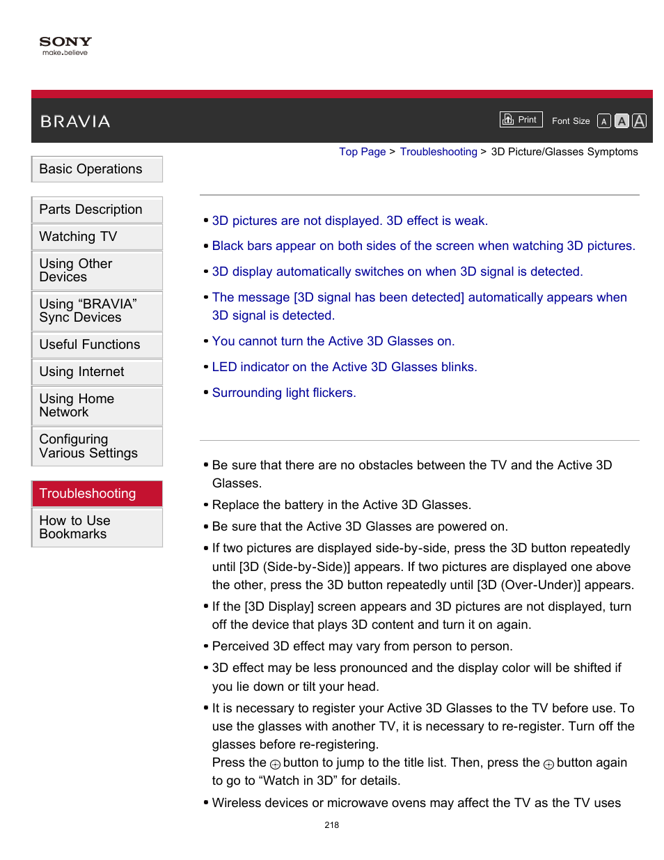 3d picture/glasses symptoms | Sony KDL-55W900A User Manual | Page 215 / 245