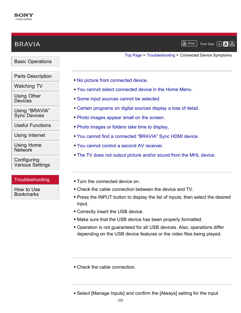 Connected device symptoms | Sony KDL-55W900A User Manual | Page 220 / 245