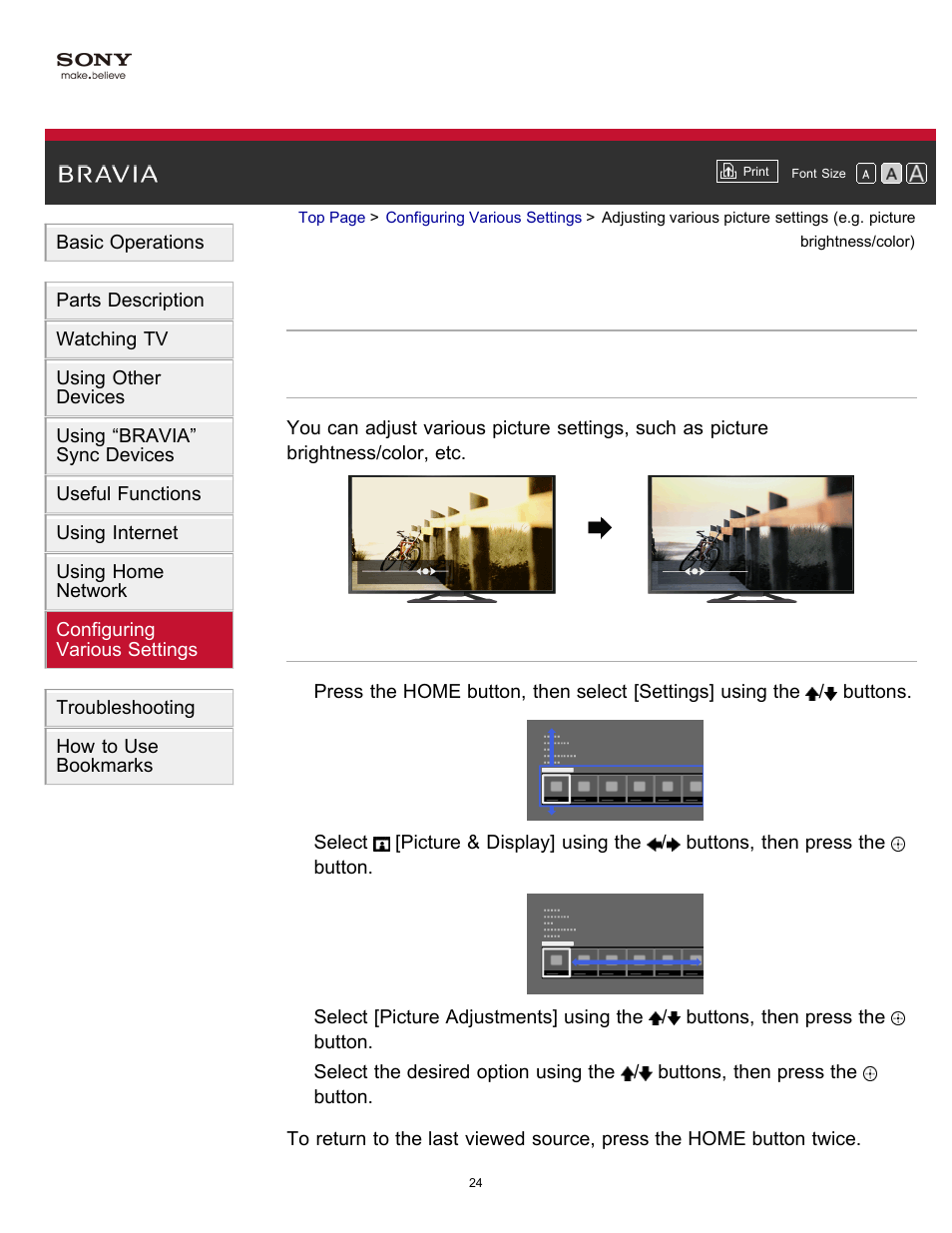 Picture adjustment, Adjusting various picture settings | Sony KDL-55W900A User Manual | Page 30 / 245