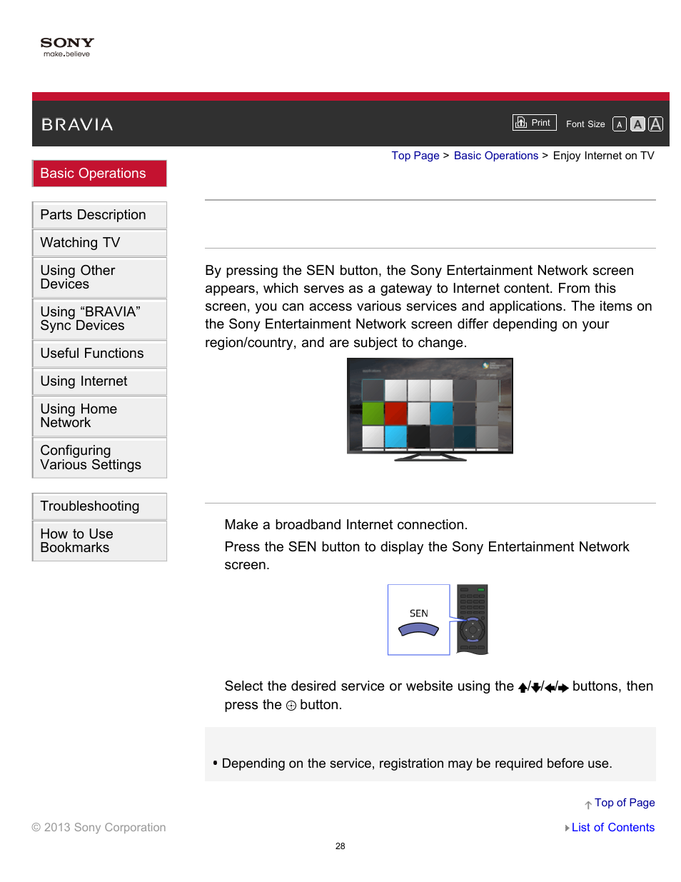 Enjoy internet on tv | Sony KDL-55W900A User Manual | Page 34 / 245