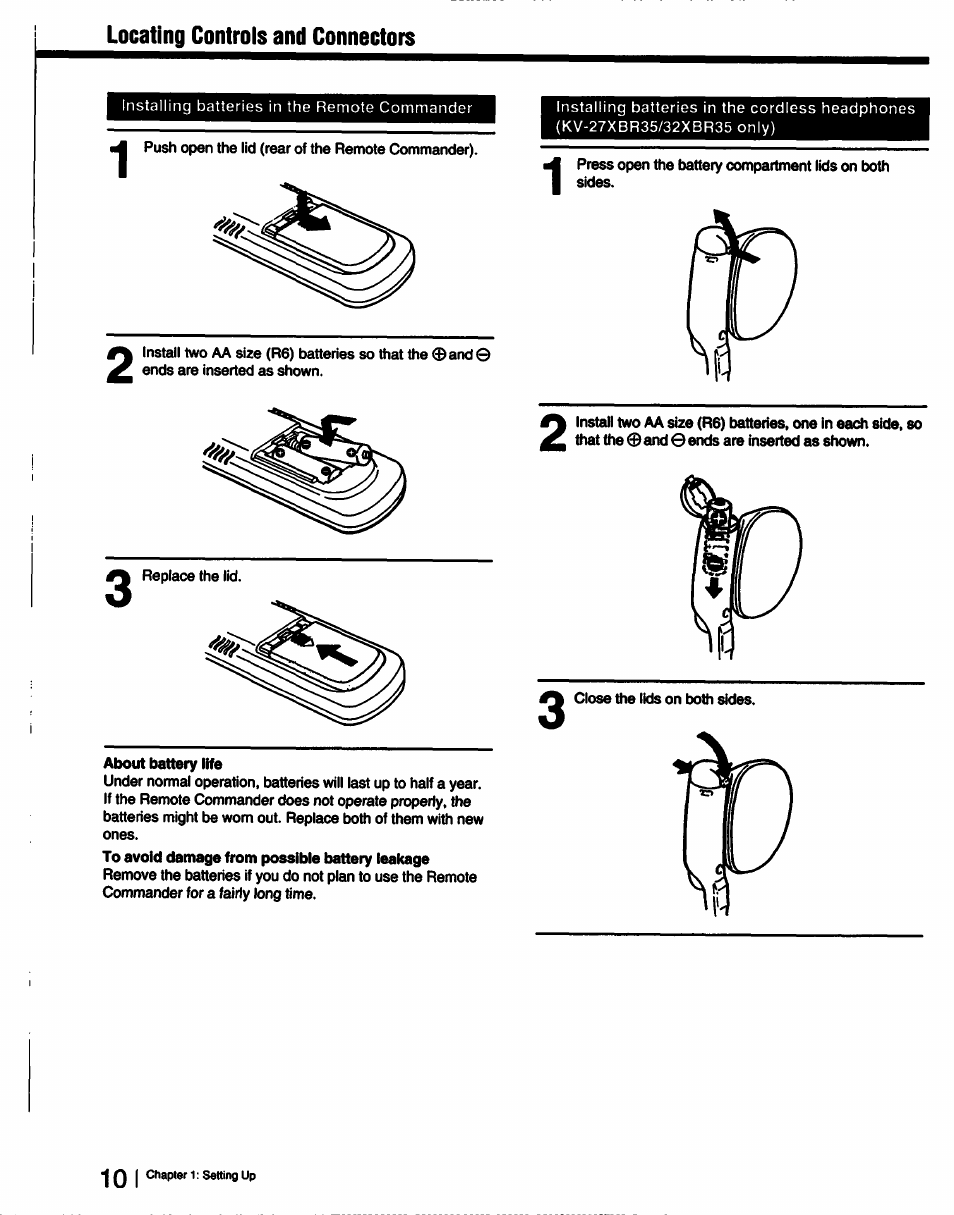 Locating controls and connectors, About battery life | Sony KV-27XBR25 User Manual | Page 10 / 72