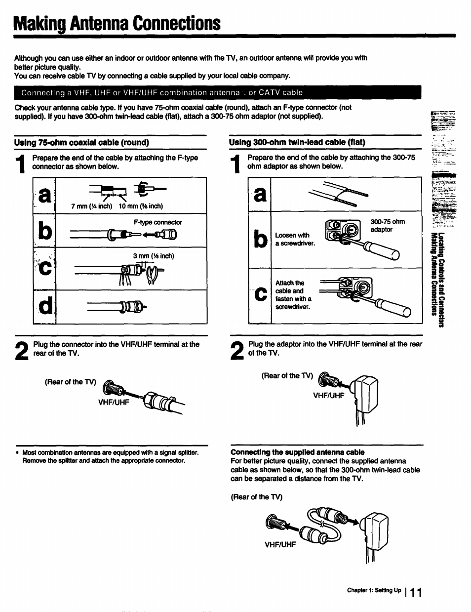 Using 75-ohm coaxial cable (round), Using 300-ohm twin-lead cable (flat), Connecting the supplied antenna cable | Making antenna connections | Sony KV-27XBR25 User Manual | Page 11 / 72