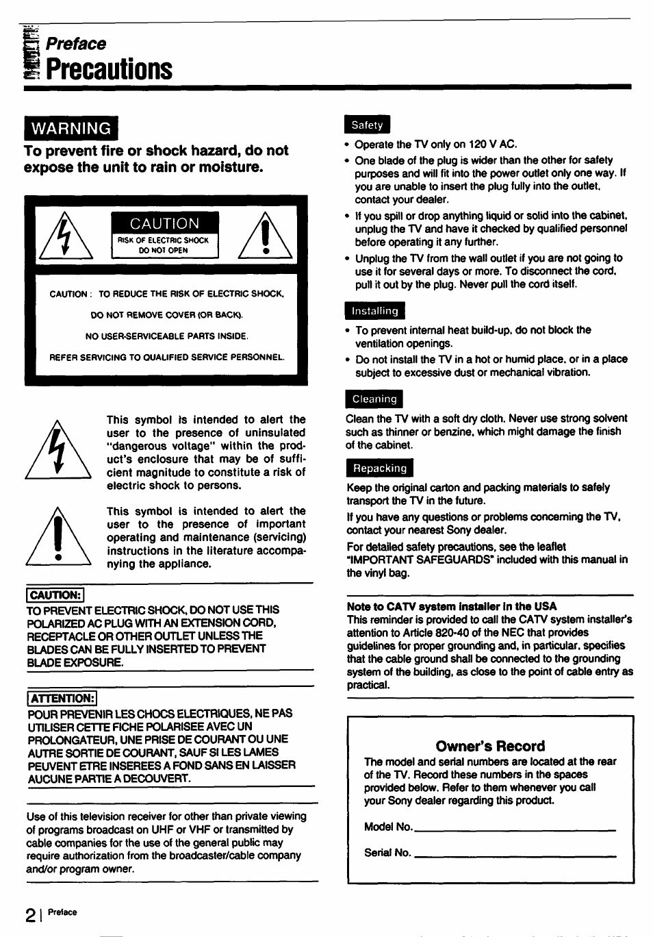 Note to catv system installer in the usa, Precautions, Preface | Warning | Sony KV-27XBR25 User Manual | Page 2 / 72